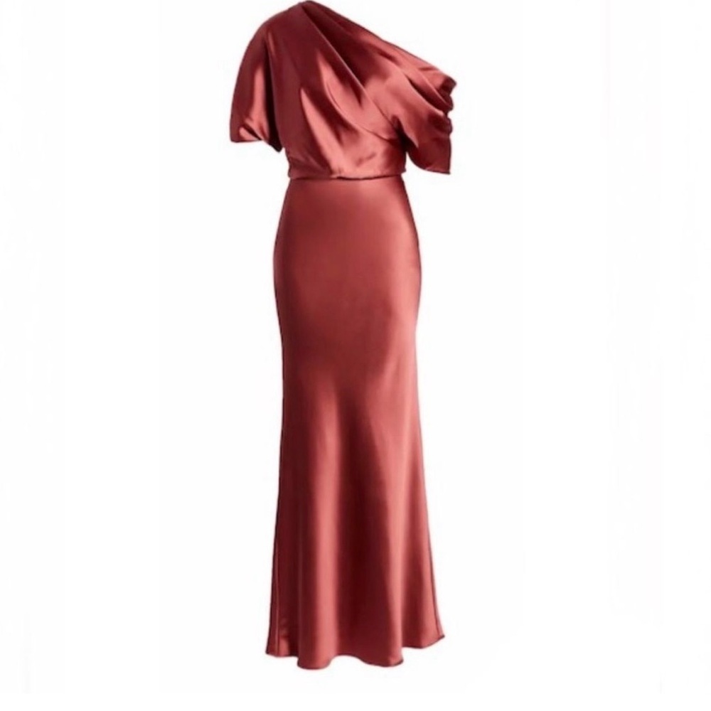 Amsale Pryce One-Shoulder Satin Gown in Rich Cayenne Color Long Formal